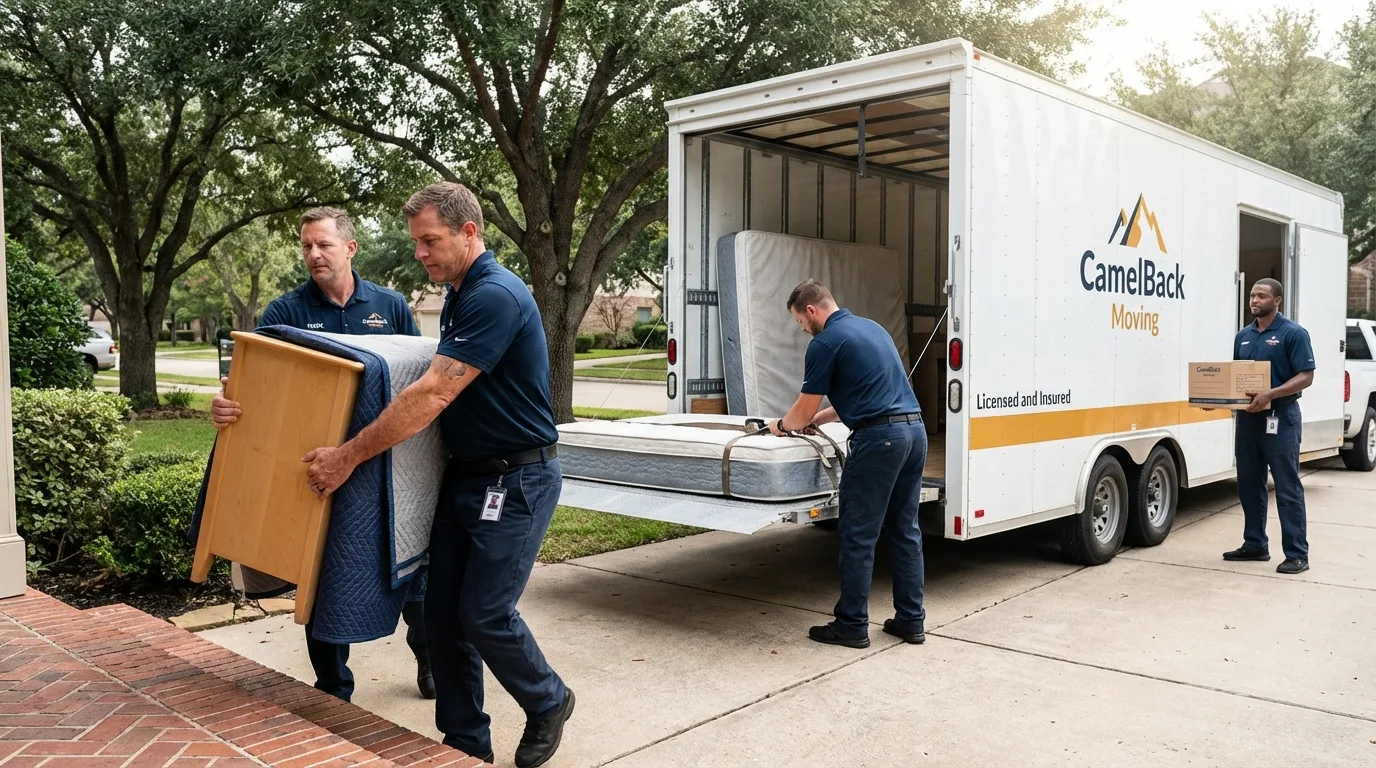 Crew loading residential truck for cross-state move from La Grange, TX