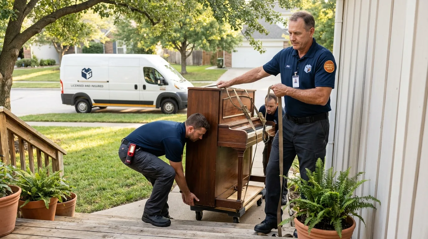Licensed piano movers securing grand piano in La Grange, TX