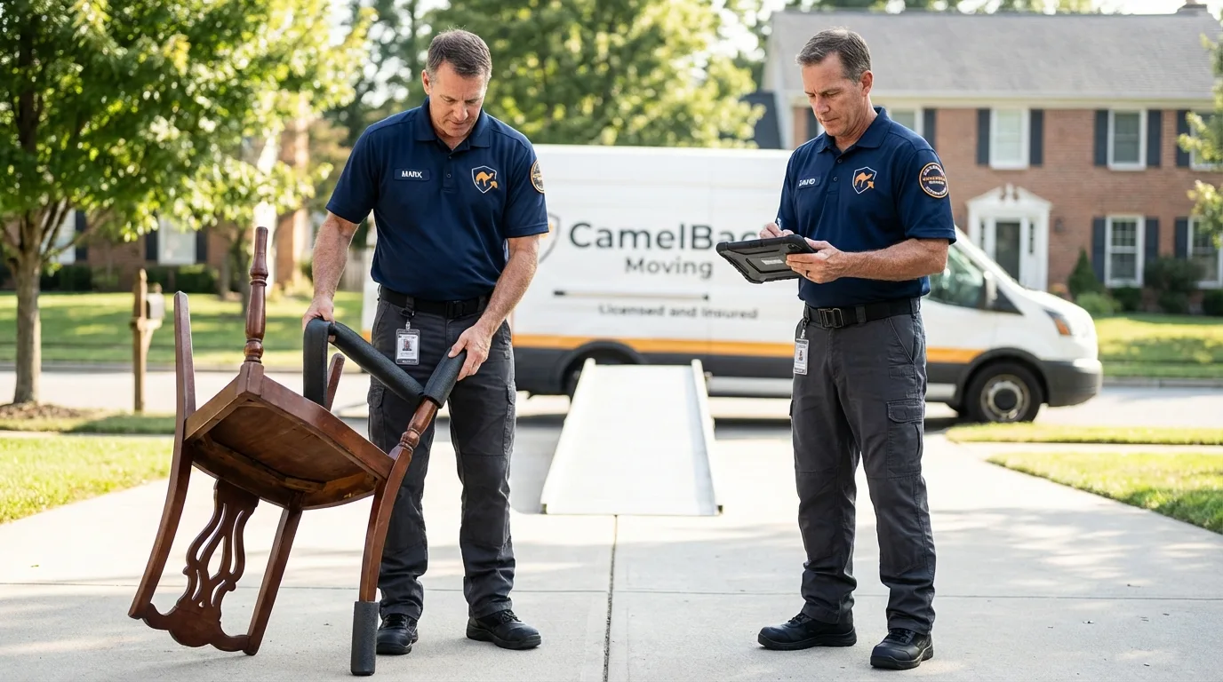 Movers inspecting furniture for damage prevention before loading in La Grange, TX