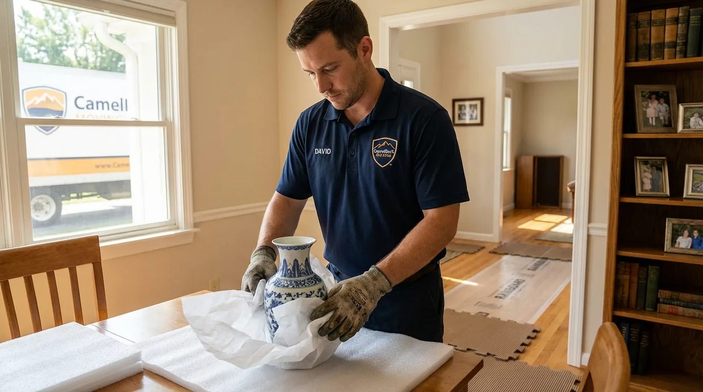 Professional crew carefully wrapping antique vase for senior downsizing move in La Grange, TX
