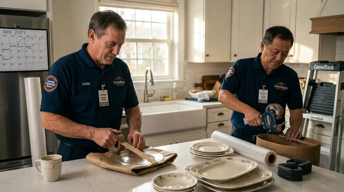 Professional crew packing kitchen dishware in La Grange, TX